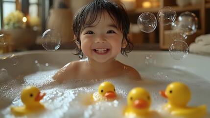 Happy Asian toddler enjoying bubble bath time with yellow rubber ducks, surrounded by soap bubbles and warm lighting creating cozy bathroom atmosphere.