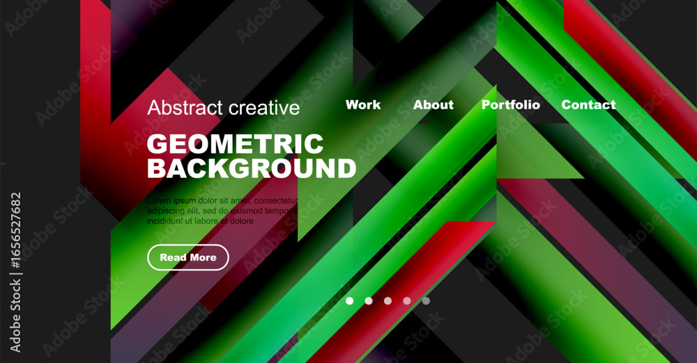 Poster dynamic geometric design. vibrant colors create modern website header. text overlays invite explorat