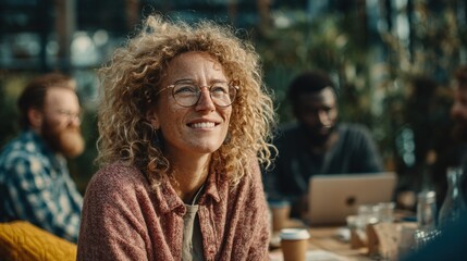 A smiling woman with curly hair, looking upward, surrounded by other people in an outdoor setting