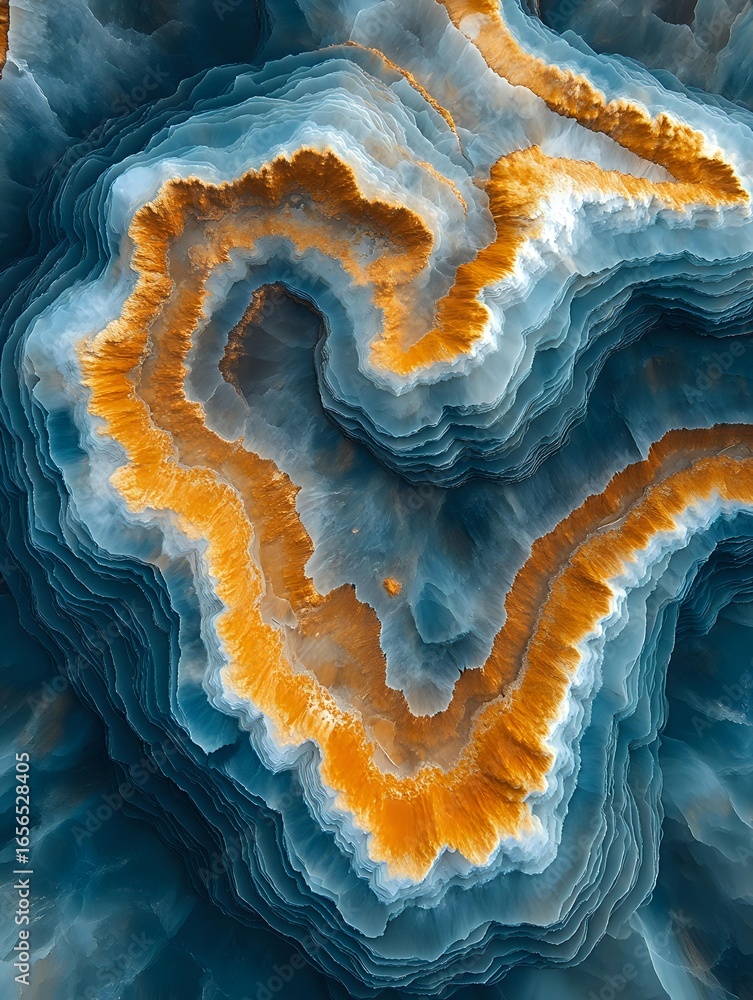 Poster abstract aerial view of layered blue and orange mineral formations creating organic flowing patterns