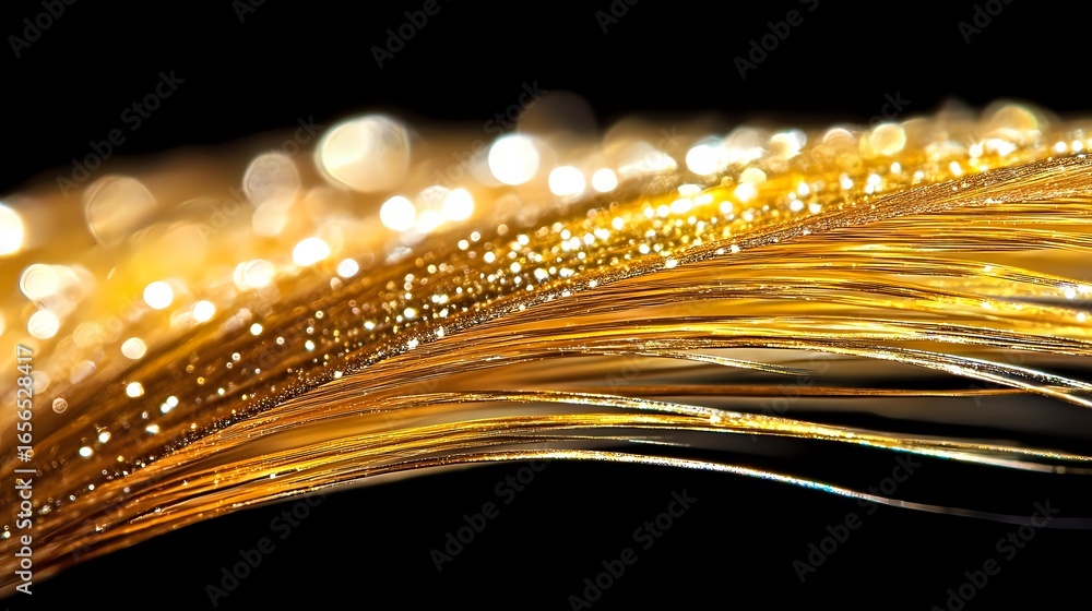 Poster golden feather with sparkling water drops and bokeh lights on black background creates magical atmos