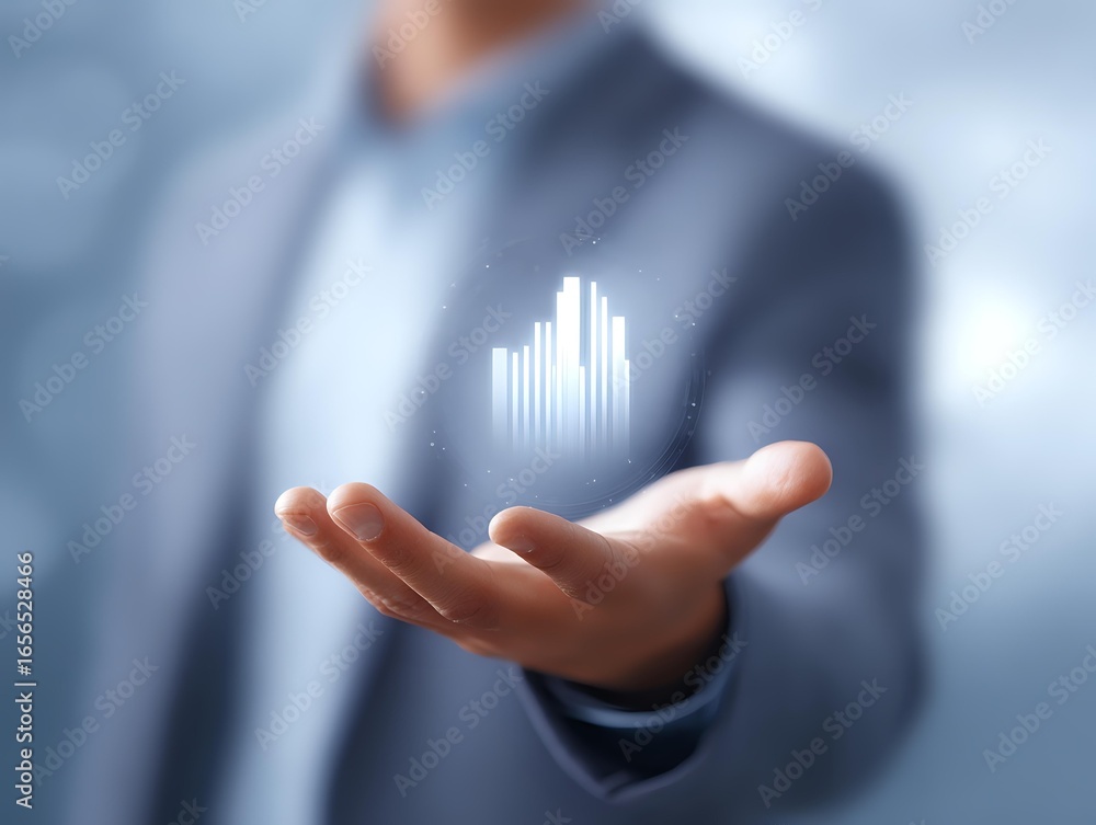 Poster professional businessman in suit displaying glowing financial chart hologram floating above palm, re