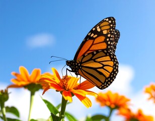 Monarch butterfly on a bright orange flower against a clear blue sky
