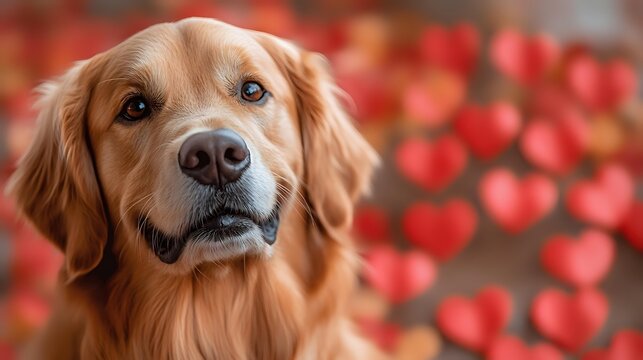 Adorable Golden Retriever dog portrait with red hearts bokeh background, looking at camera with sweet expression. Valentine's day or love concept pet photography.