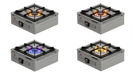 Four colorful gas stove burners