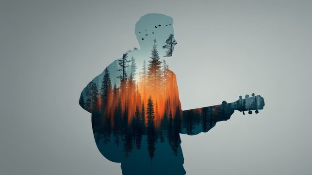 A silhouette of a person holding a guitar with a forest scene overlay, tall coniferous trees, orange sky, - Powered by Adobe