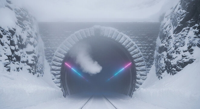 Winter train tunnel snow mountain railway tracks neon lights steam travel transportation adventure scenic