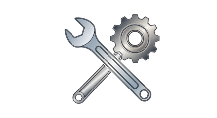 Modern vector-style wrench and gear crossed in X-shape, isolated on white background