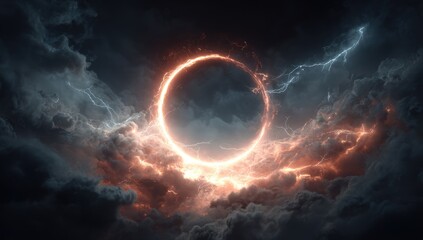 Fototapeta premium Fiery ring of light piercing stormy clouds