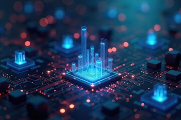 Digital cityscape projected onto a computer circuit board.