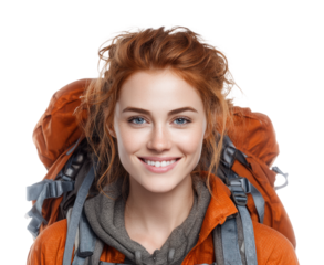 Adventure hiking trip portrait nature smiling woman isolated on transparent background, png
