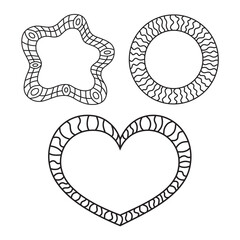 Set of mosaic frames or boards. White and black colors. Three different frames. Heart, circle and wavy frame isolated on white background.