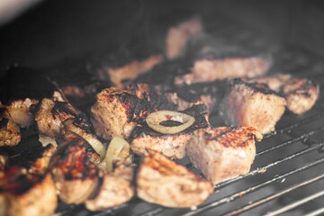Grilled meat pieces sizzling on a barbecue grill, surrounded by smoke and charred onions,...