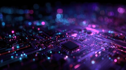 Close-up of glowing circuit board, vibrant colors