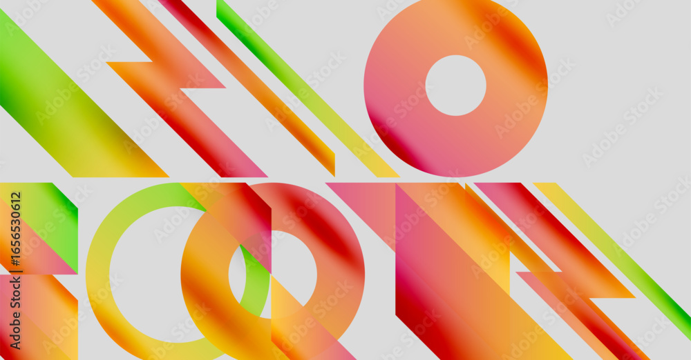 Poster abstract composition featuring colorful geometric shapes. gradients blend red, orange, green, yellow