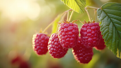 Ripe raspberries clustered on vine, glowing under golden sunset light, revealing rich color and natural freshness