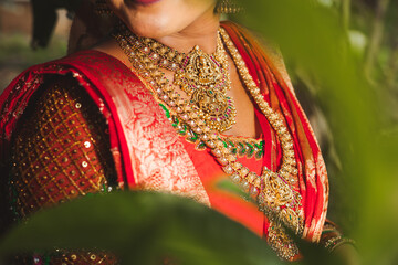 Portrait of a young Indian woman in traditional bridal attire wearing a red saree and gold jewelry,...