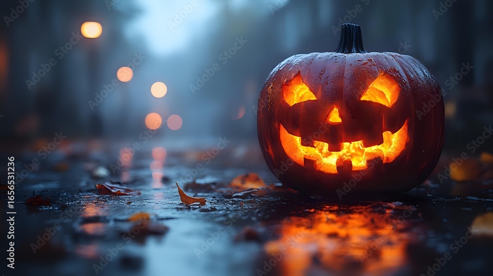 Poster glowing carved pumpkin with classic jack o'lantern face illuminated from within on dark autumn groun
