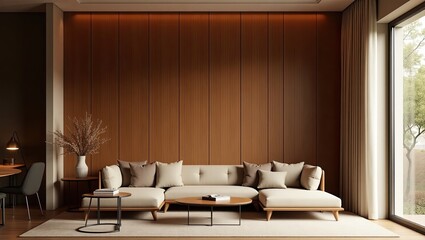 Modern living room with light beige sectional sofa and wood paneling.