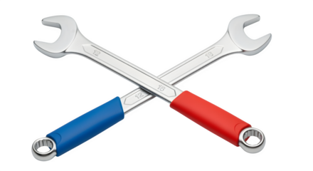 Red and blue wrench pair crossing, isolated on white background