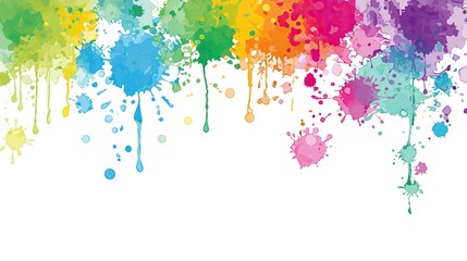 Fototapeta premium Colorful paint splashes and drips on white background and wall, featuring vibrant color drops and dots that create a dynamic, artistic display with bold hues and energetic patterns.