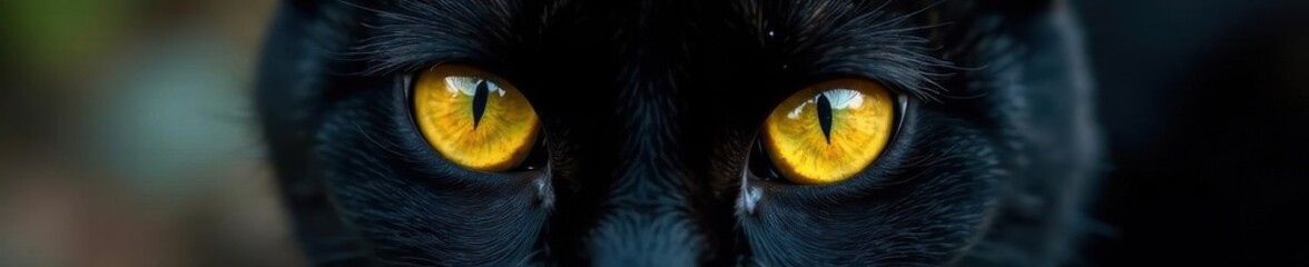 Intense gaze, black cat's yellow eyes, dark fur , sleek, black and yellow, spooky