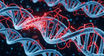 Damaged DNA Strands with Red Glow: Genetic Mutation and Molecular Biology Research
