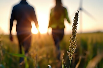 Silhouettes of couple walking through wheat field at golden sunset with grass stalk in foreground focus, romantic countryside atmosphere for lifestyle design.