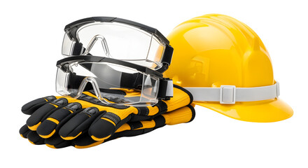 Safety goggles and gloves stacked neatly beside construction helmet, isolated on white background