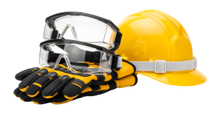 Safety goggles and gloves stacked neatly beside construction helmet, isolated on white background
