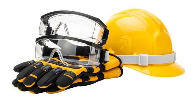 Safety goggles and gloves stacked neatly beside construction helmet, isolated on white background