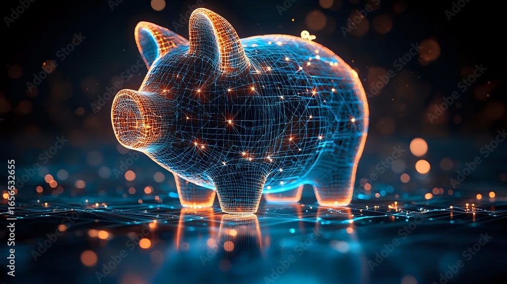Poster glowing digital wireframe piggy bank with network connections on dark background with bokeh lights, 
