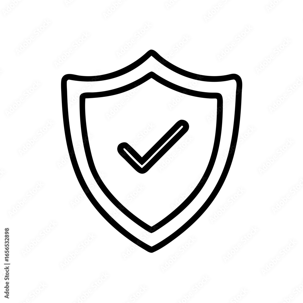 Poster shield icon with checkmark inside suggesting security approval or validation in a simple outline sty
