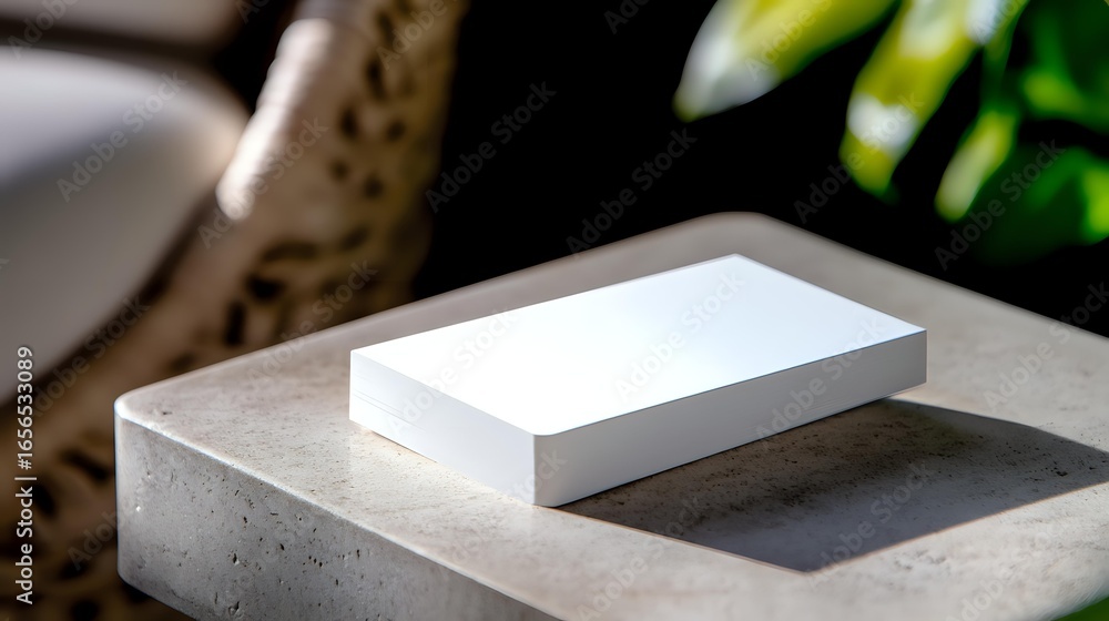 Aufkleber white rectangular box casting shadow on concrete surface with blurred natural background elements an