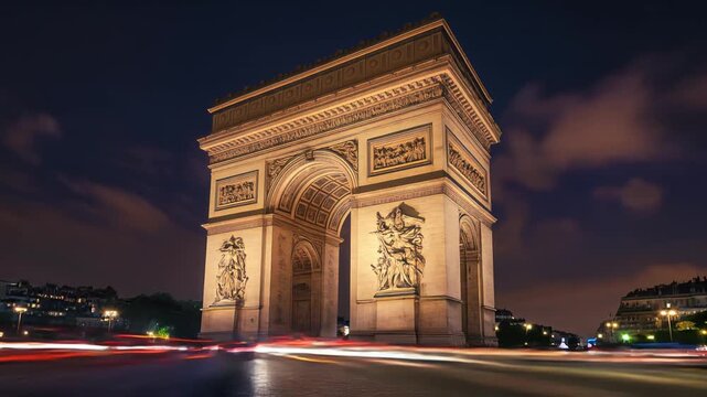 Stunning Timelapse of Illuminated Arc de Triomphe at Night with Light Trails from Passing Cars Creating Dynamic Scene in Paris