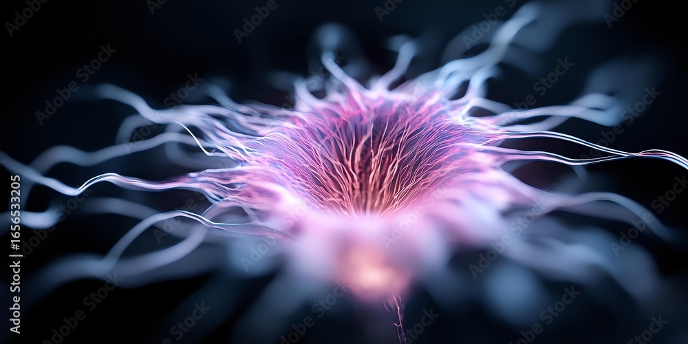 Aufkleber glowing pink neuron cell with branching dendrites and axons on dark background, microscopic view of 