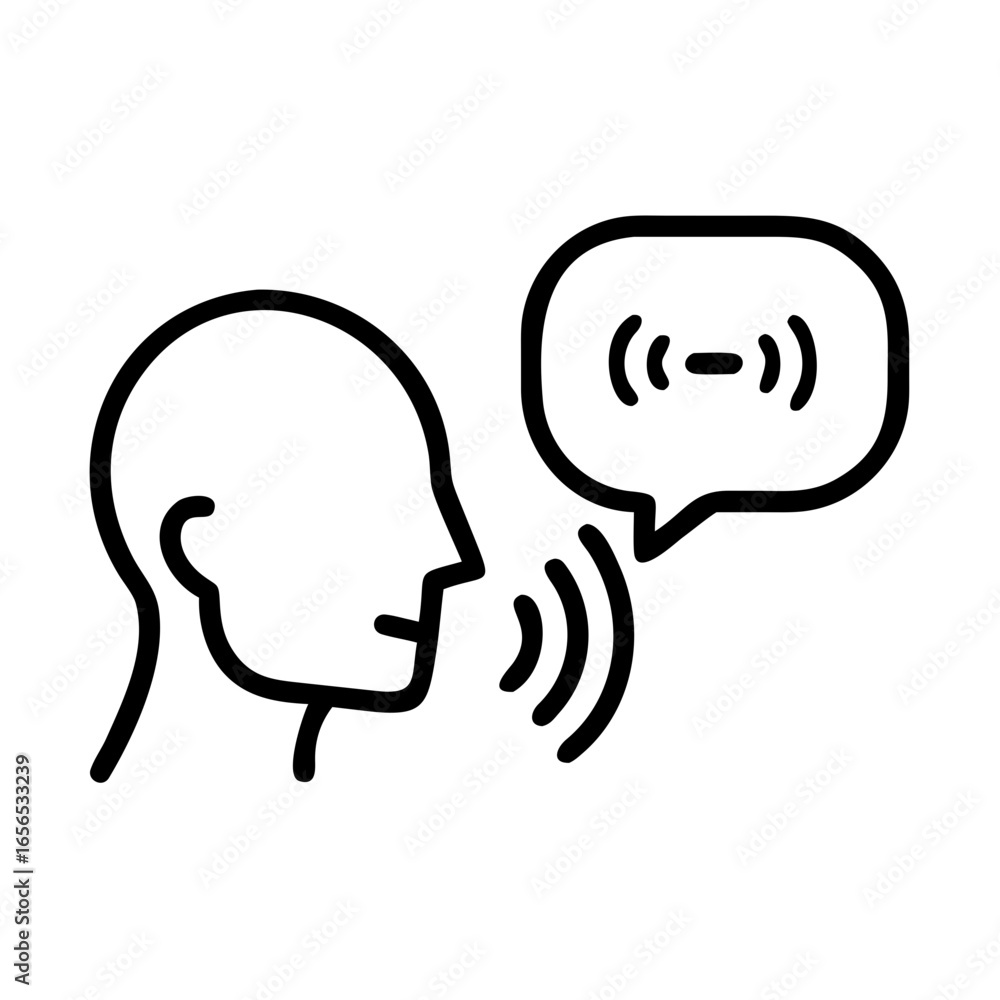 Poster outline of a head in profile with sound waves emanating from the mouth and a speech bubble present n