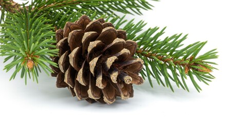 Pine Cone with Green Pine Needle Branch on White Background for Nature and Holiday Decor