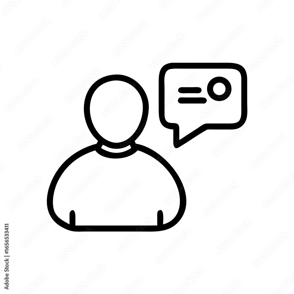 Poster icon showing person with speech bubble containing lines and circle representing communication and di