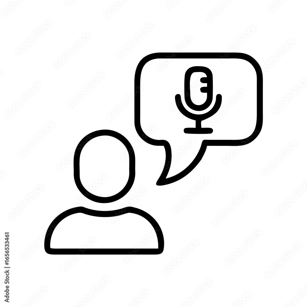 Poster person icon with speech bubble containing a microphone representing voice communication and technolo