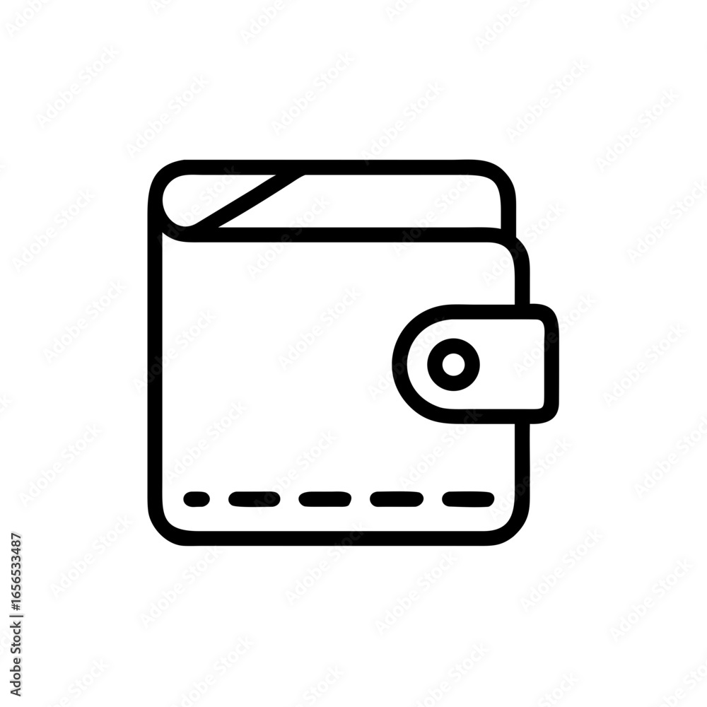 Poster illustration of a simple black and white wallet with a fastener and dashed line design element prese