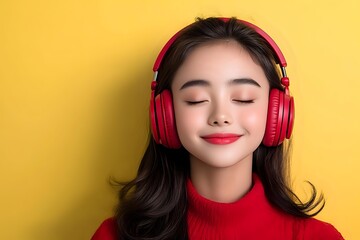 Young Asian woman with closed eyes and bright red lipstick wearing red headphones and sweater against yellow background, expressing joy and relaxation while listening to music.