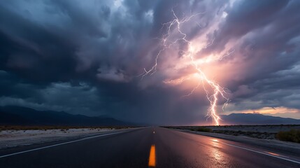 Dramatic lightning strikes open road nature scene stormy environment dramatic perspective nature's power unleashed.
