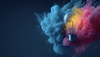 Illuminated bulb amidst colorful ink clouds