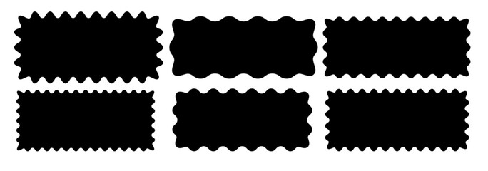 Wavy rectangular frames in black and white. Curved edges of tags, labels, stamps, and coupons with wavy edges. Isolated vector set on a white background. Minimalist flat design