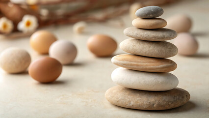 Zen stones stacked serenely with eggs symbolizing balance and wellness