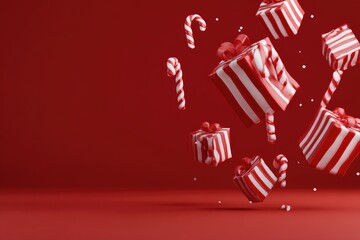 Red and white striped gift boxes and candy canes float against a deep red backdrop