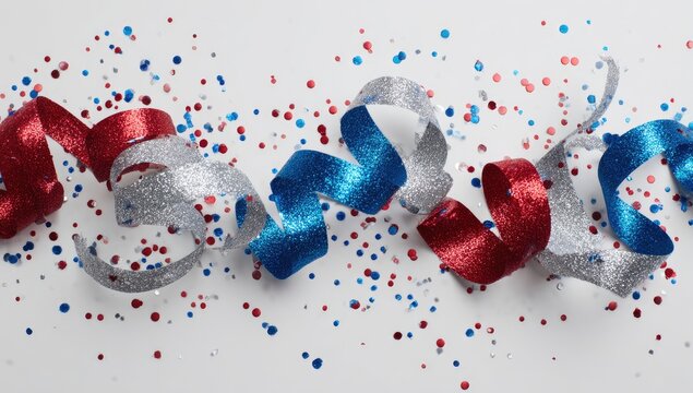 Festive ribbon and confetti on white