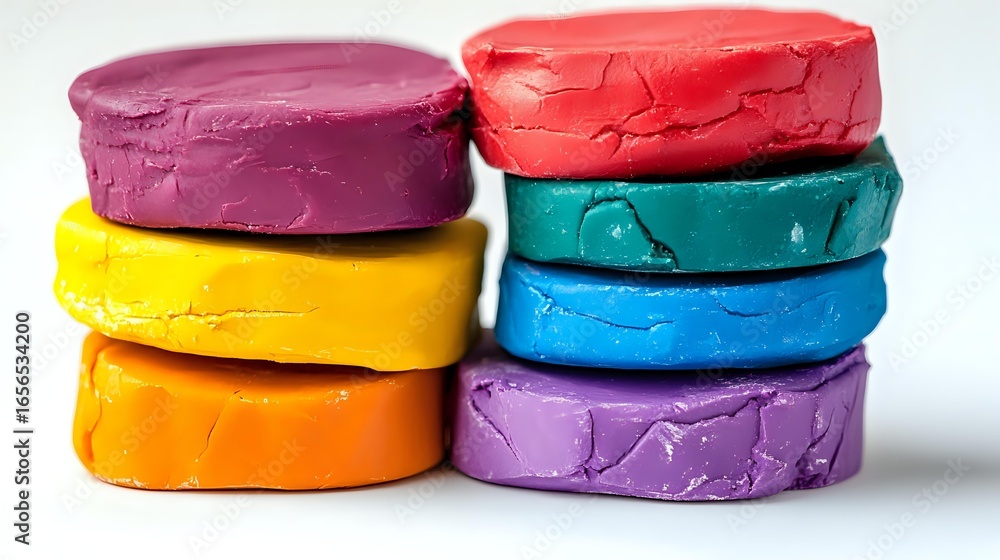 Poster colorful stacked modeling clay or play dough circles showing texture and layers in vibrant rainbow c