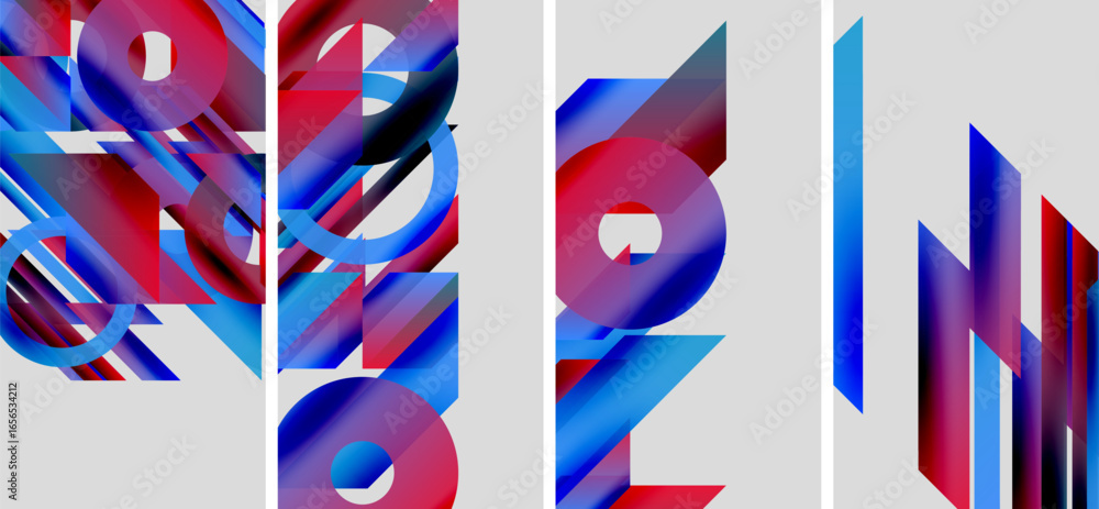 Poster abstract artwork features colorful letterforms. red, blue hues dominate composition, creating dynami